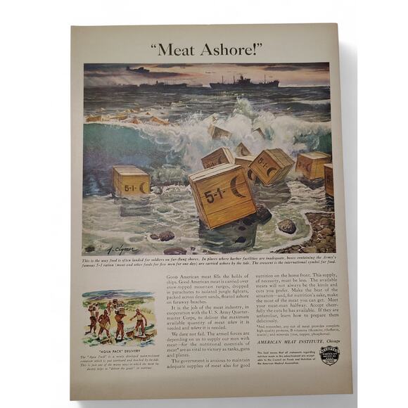 1943 Meat Ashore Print Ad Crates Canned Meat Wartime Food Supply 1940s Ephemera - Picture 1 of 7